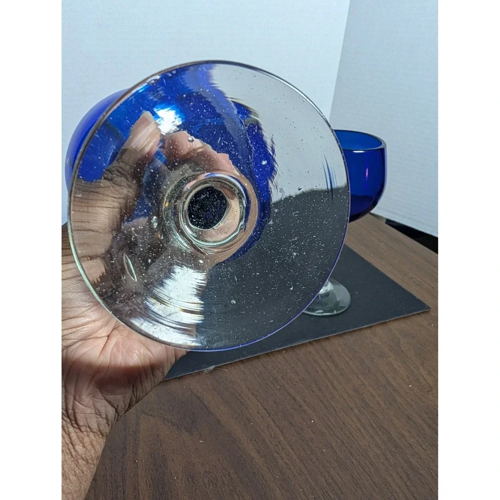 Cobalt Handblown Set of 3 Wine Goblet Glasses Blue Heavy